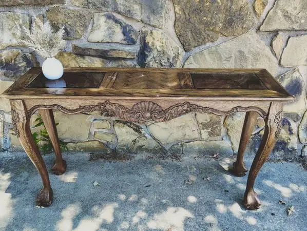 Smoke Glass Claw Foot Narrow Pecan Ball and Claw Sofa Table Late 20th Century