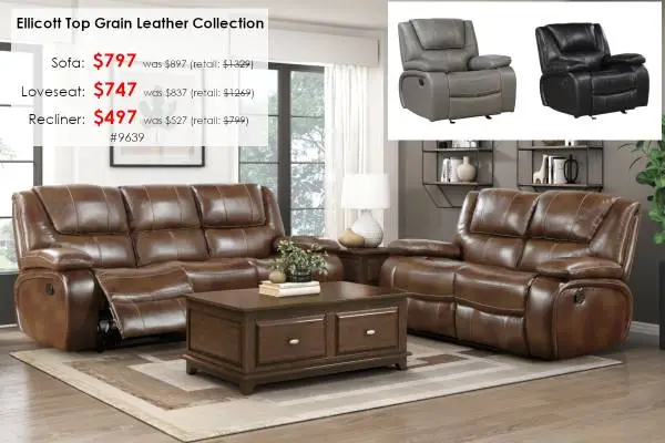 NEW IN BOX! Ellicott Top Grain Leather Manual Reclining Sofa
