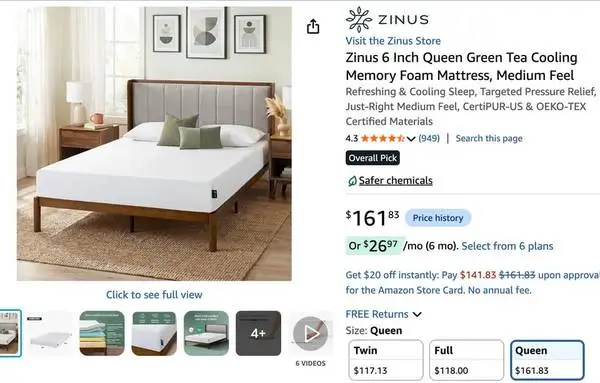 Zinus 6 Inch Queen Green Tea Cooling Memory Foam Mattress