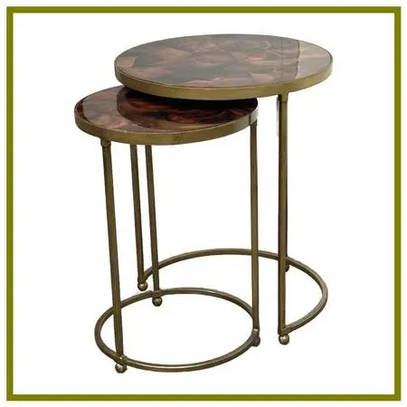 Vintage Penn Shell Mosaic Top + Metal Nesting Tables, Pair