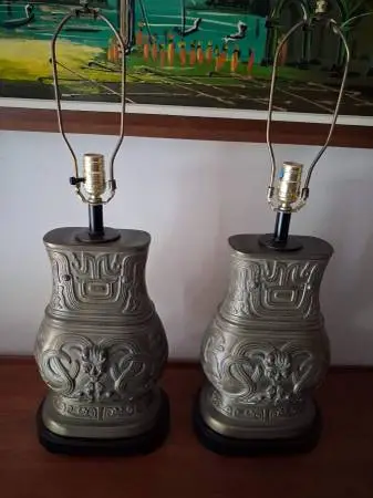 Archaistic Pair of Brass Chinese Hu Vessel Urn Table Lamps.