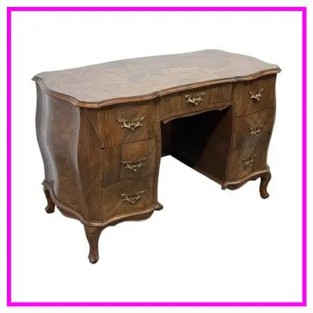 Italian Rococo Bombe Pedestal Desk, Olive Wood
