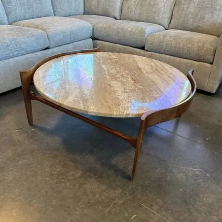 Vintage Travertine & Walnut Coffee Table - 40X38.5X15H