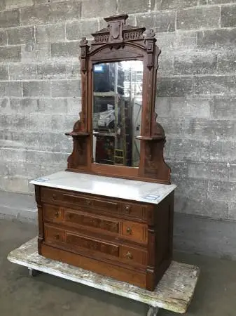 Antique Walnut Burl Dresser w/ Mirror & Marble Top
