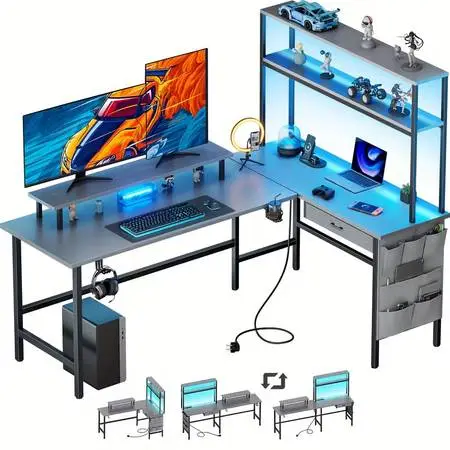New in Box 67 Reversible, L-Shaped Gaming Desk w/ LED Light, Outlets