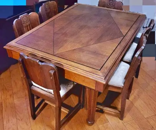 Vintage Art Deco Dining Set – Table + 6 Carved Chairs