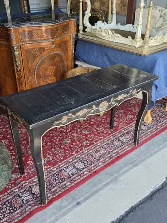 Vintage French Louis XV Style Black Lacquered Console Table. Hand Painted