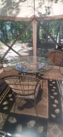 Glass table and bamboo iron chairs