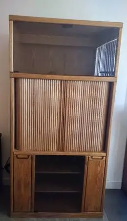 Vintage Oak Media Cabinet with Tambour Door and light in the top cabinet