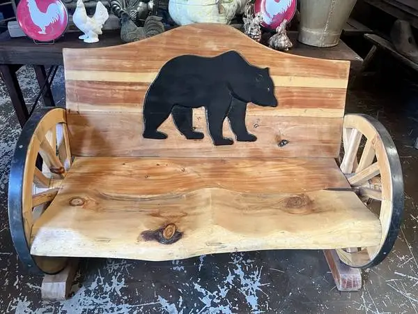 Bear Wagon Wheel Bench
