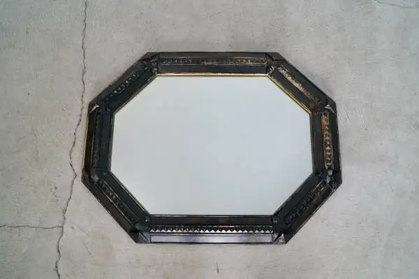 1970s Hollywood Regency Black & Gold Octagon Mirror