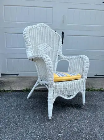 White Wicker Wingback Armchair with Yellow & Blue Striped Cushion, 41