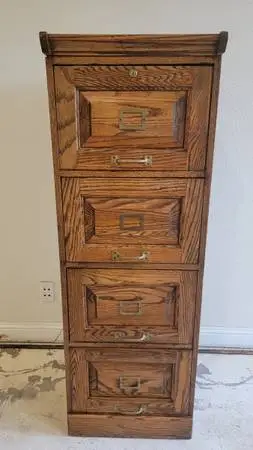 Vintage Solid Oak 4-Drawer Vertical Filing Cabinet – Brass Hardware