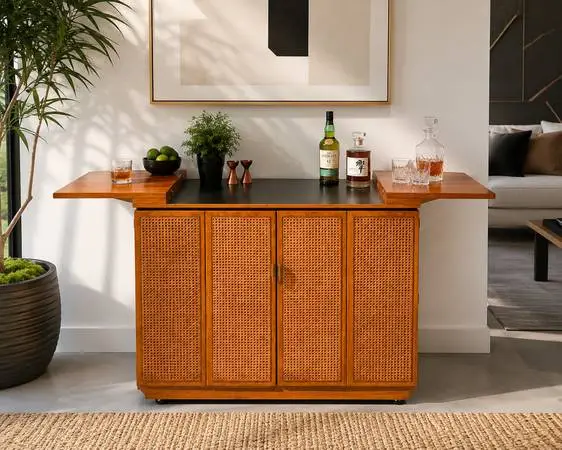 Mid Century Modern Vintage Rolling Flip-Top Bar Cabinet w/ Cane Doors