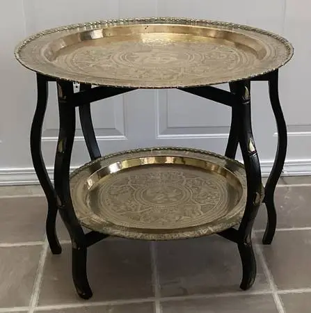 Vtg Mid Century Modern 2-Tier Etched Brass Tray Faux Bamboo Side Table