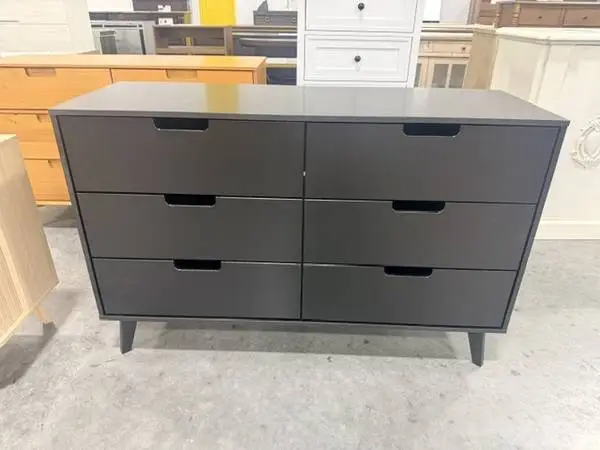 Sloane Mid-Century Modern Black 6-Drawer 52 Solid Wood Dresser