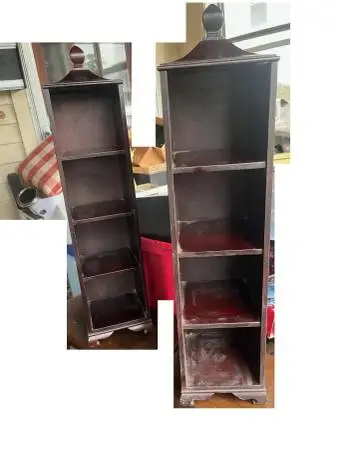 pair Narrow, dark wood multi-tier Tabletop /floor shelf unit Book nook