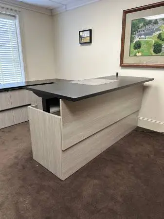 Executive Office Set Up. Large height adjustable desk. Task chair etc