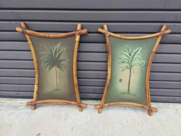 Vintage Pair of Bamboo Frame Palm Tree Paintings.