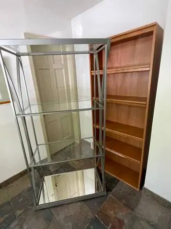 Wooden Bookcase & 4 Tier Medal with glass shelves & mirrored Base