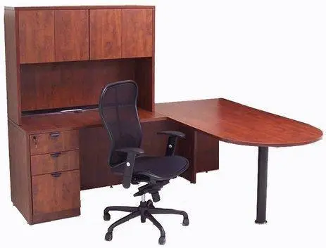 2 Cherry 6 X 7 Peninsula L Shaped Desk w/Hutch & BBF 3 Drawer File