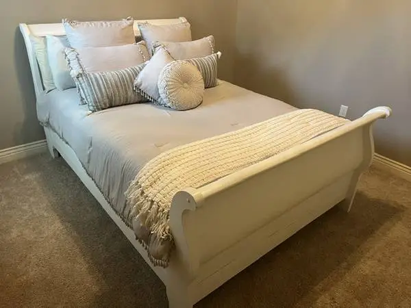 Solid Wood Queen Bed frame, box springs, and bedding, 2 tables