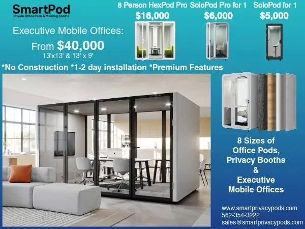 8 Sizes of Office Pods & Privacy Booths - Free 7 Day Shipping