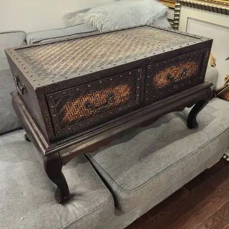 Wood and Rattan Chest Coffee Table