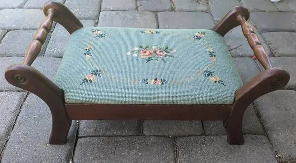Mid Century Needlepoint Cross Stitch Floral Foot Stool Rest