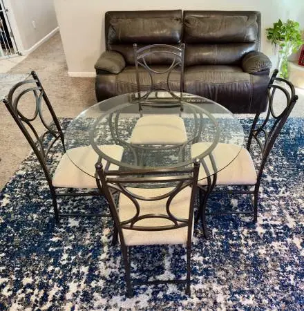 Dining Room Set- Round Glass Top Table and 4 Chairs with Padded Seats