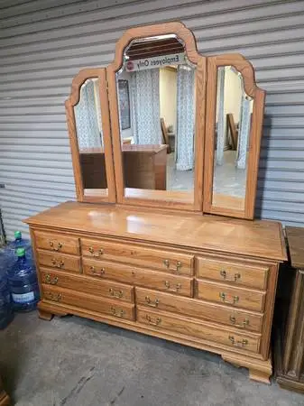 Eight Drawer Wide Oak Wood Dresser with Trifold Mirror #528-1