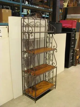 Bakers rack plant stand four wood shelves & ornate welded metal frame