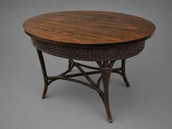 Antique Wicker and Oak Conservatory Table by Heywood Wakefield