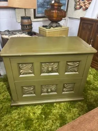 Vintage green and gold 2 drawer storage cabinet - heavy