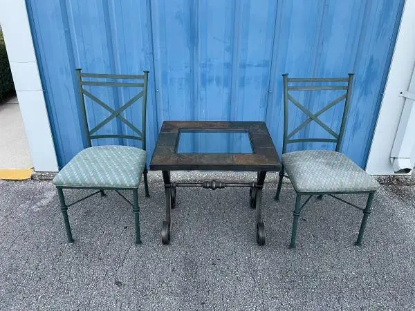 Porch Table & 2-Chairs-(glass top cast iron with marble top)-Used/Set