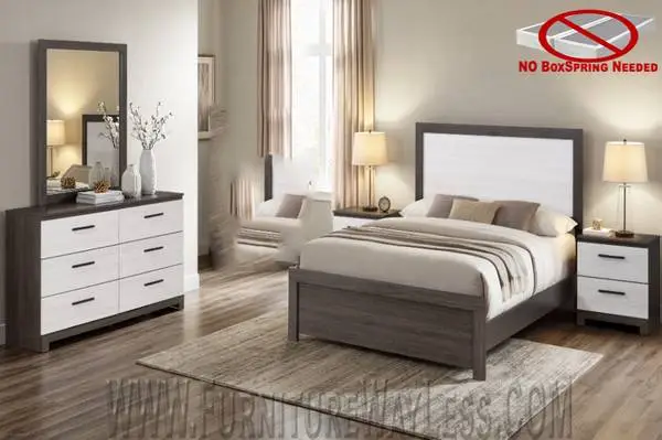 White and brown 2 tones platform bed set - Queen 4PC bed set