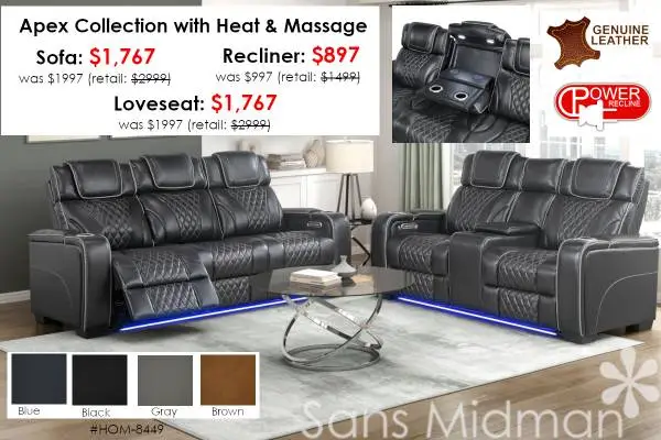 NEW Apex Top Grain Leather Sofa with Heat, Massage & Power Headrest!
