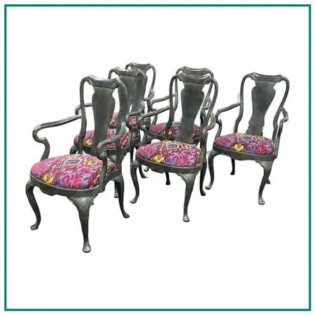 Custom Queen Anne Revival Upholstered Armchairs, Set Of Six