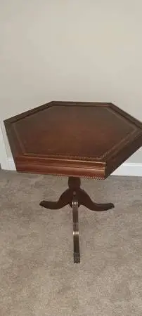 Octagonal antique pedestal end table top surface leather insert