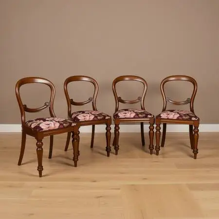 Victorian Floral Mahogany Balloon Back Dining Chairs, Set of 4