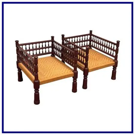 Indian Vintage Rush Seat Low Chairs, Pair