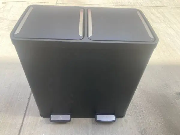 Trash can,double bin,black metal/plastic,clean,multi func,rem bins