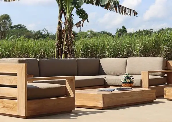 Outdoor patio teak sofa sectionals and dining tables, furniture