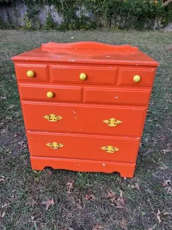 Vintage orange painted maple three drawer dresser