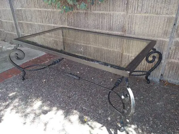 Large Coffee Table Wrought Iron Frame Glass Top, Made in Canada