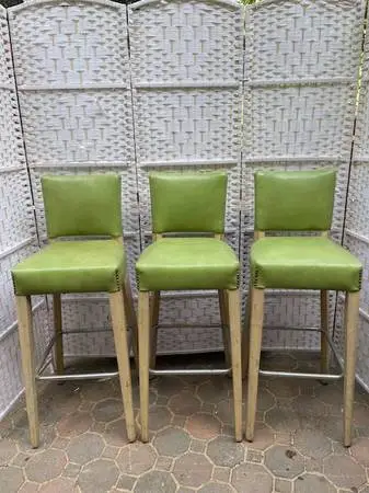 Set of three Vintage Midcentury modern blonde wood and light green bar