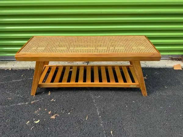 Vintage modern wood caned bench by Tommy Hilfiger