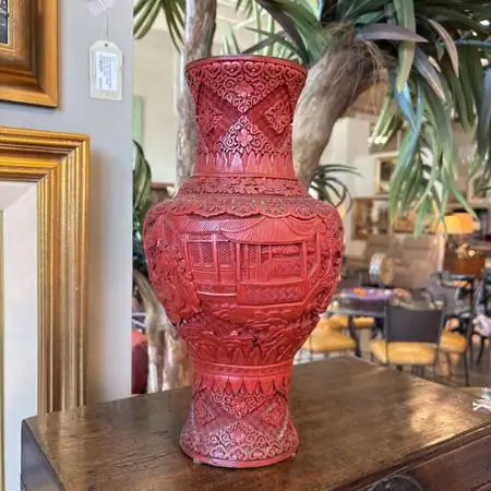 Vintage Chinese Carved Cinnabar Vase- 7.5X18