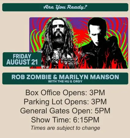 2-Tickets ZOMBIE/MANSON TONIGHT @ Tampa W/ Parking