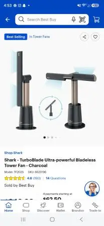 Stand up AC unit, Shark rotating fan, another fan.